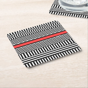 BLACK WHITE CHEVRON STRIPES + RED BAND SQUARE PAPER COASTER