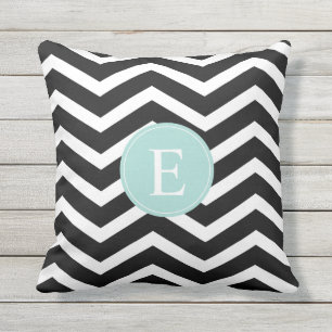 Black White Chevron Teal Monogram Cushion