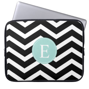 Black White Chevron Teal Monogram Laptop Sleeve
