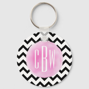 Black + White Chevron Watercolor Monogram Key Ring
