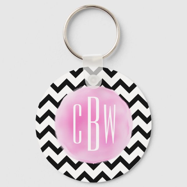 Black + White Chevron Watercolor Monogram Key Ring (Front)
