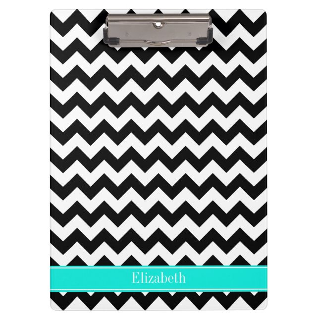 Black White Chevron Zig Zag Brt Aqua Name Monogram Clipboard (Front)