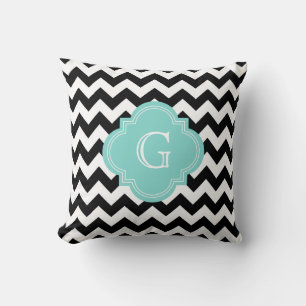 Black White Chevron Zig-Zag Turquoise Monogram Cushion