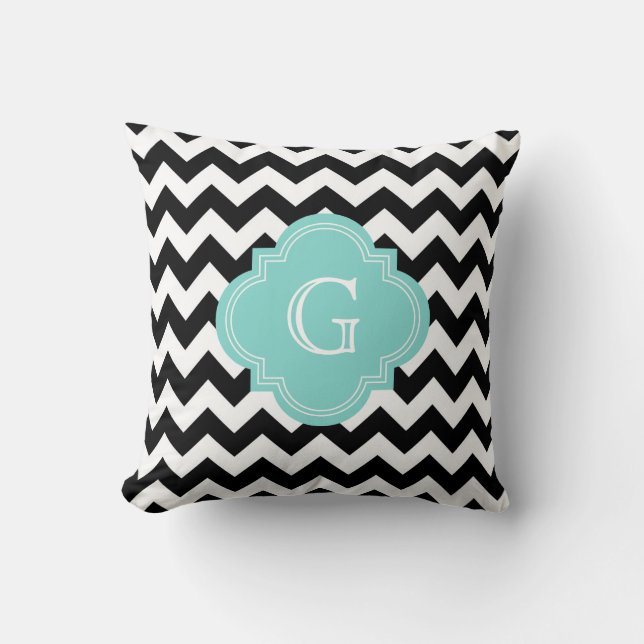 Black White Chevron Zig-Zag Turquoise Monogram Cushion (Front)