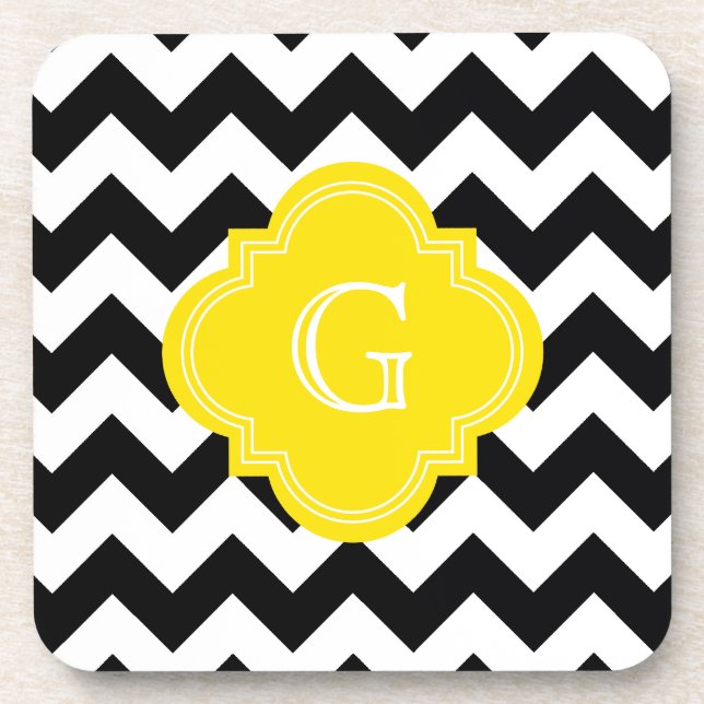 Black White Chevron Zig-Zag Yellow Monogram Coaster (Front)