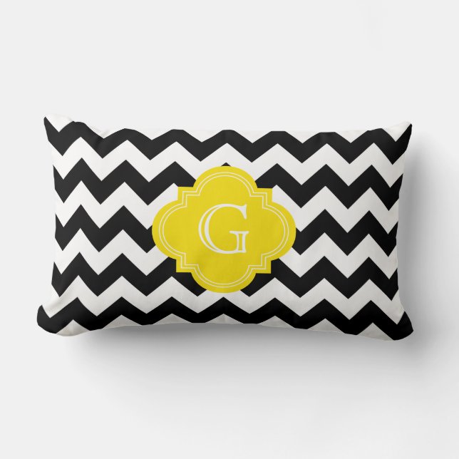 Black White Chevron Zig-Zag Yellow Monogram Lumbar Cushion (Front)