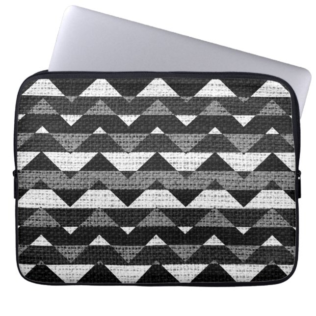 Black & White Chevron Zigzag Burlap Jute Laptop Sleeve (Front)
