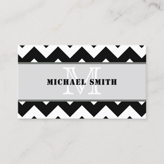 Black White Chevron Zigzag Monogram #2 Business Card (Front)