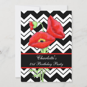 Black White Chevron ZizZag Red Poppy 21st Birthday Invitation