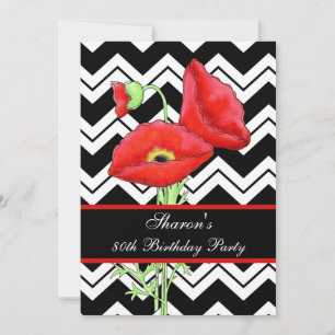 Black White Chevron ZizZag Red Poppy 80th Birthday Invitation