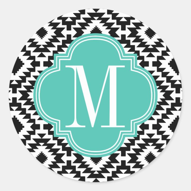 Black & White Chic Aztec Tribal Monogrammed Classic Round Sticker (Front)