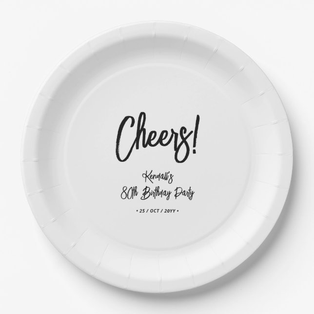 Black & White | Chic Cheers 80th Birthday Party Paper Plate (Front)