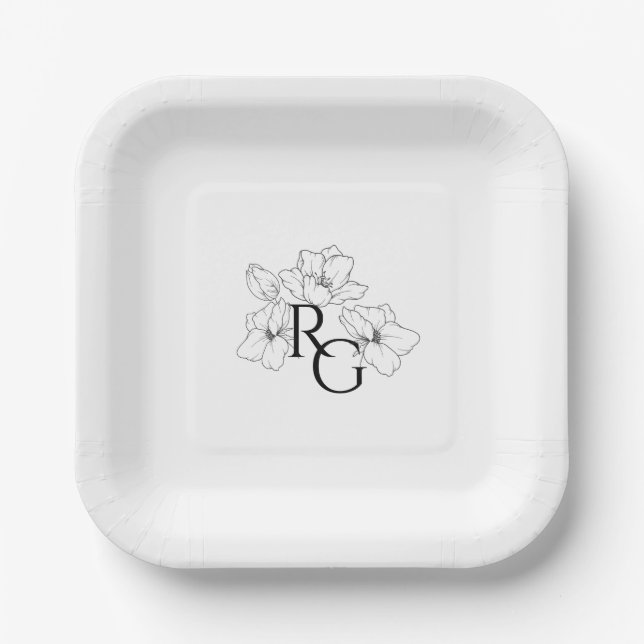 Black & White | Chic Floral Monogram Wedding  Paper Plate (Front)