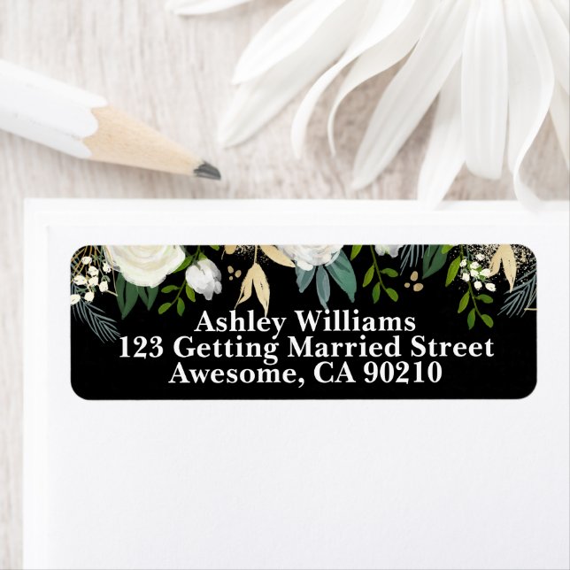 Black & White Chic Greenery Wedding Return Address Label (Insitu)
