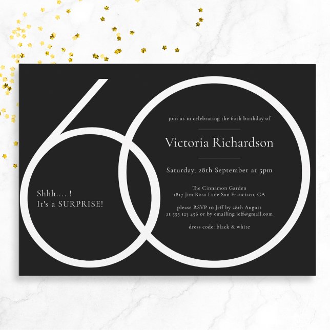 Black White Chic Minimalist Surprise 60th Birthday Invitation (Mockup View)