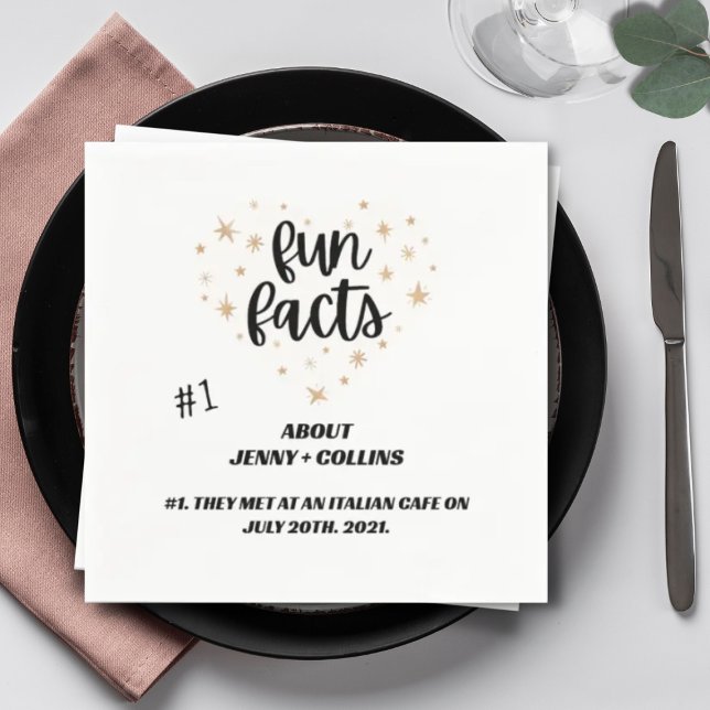 Black White Chic Modern Fun Facts Hearts Wedding Napkin (Creator Uploaded)