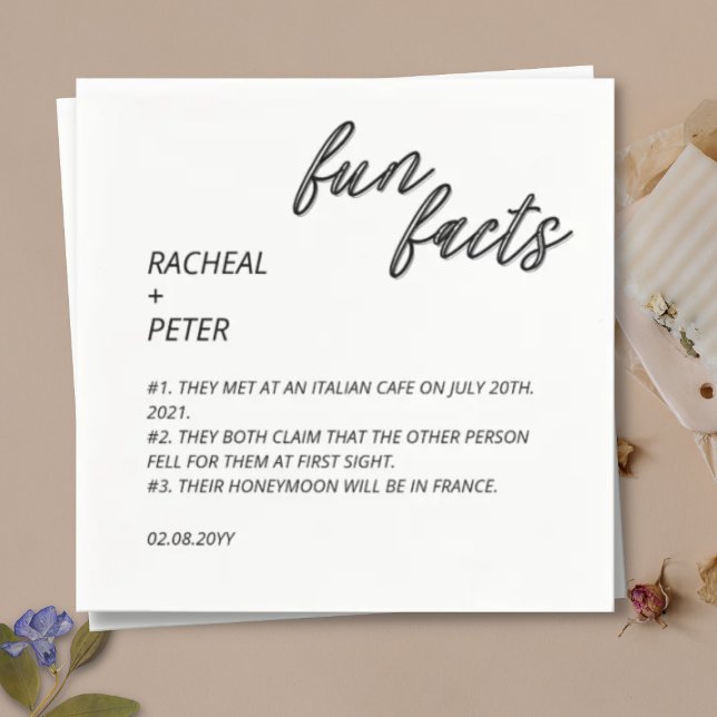 Black White Chic Modern Fun Facts Script Wedding N Napkin (Creator Uploaded)