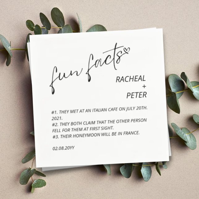 Black White Chic Modern Fun Facts Script Wedding Napkin (Creator Uploaded)