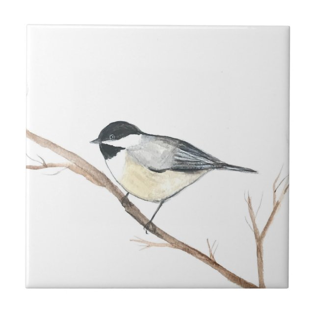 Black White Chickadee Bird Wildlife Watercolor  Ceramic Tile (Front)