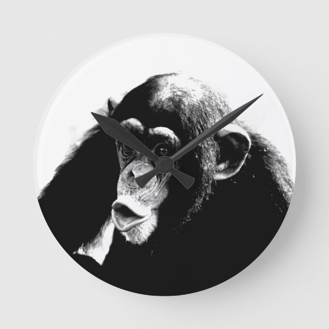 Black White Chimpanzee Round Clock (Front)