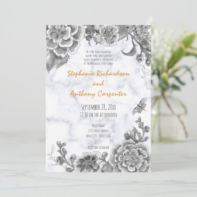 Black White Chinoiserie Floral, Marble Wedding Invitation (Standing Front)