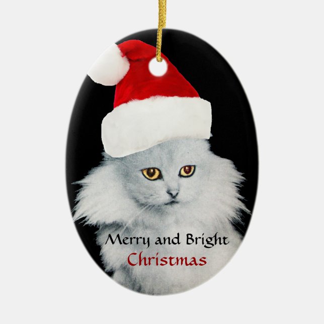 BLACK WHITE CHRISTMAS CAT WITH SANTA CLAUS HAT CERAMIC TREE DECORATION (Front)