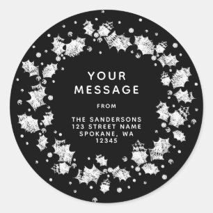 Black+White Christmas Holly Wreath Return Address Classic Round Sticker