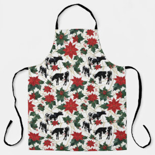 Black & White Christmas Holstein Dairy Cows Floral Apron