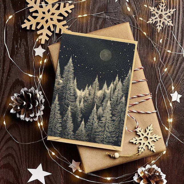Black & White Christmas Night Forest Moon Trees Holiday Card (Creator Uploaded)