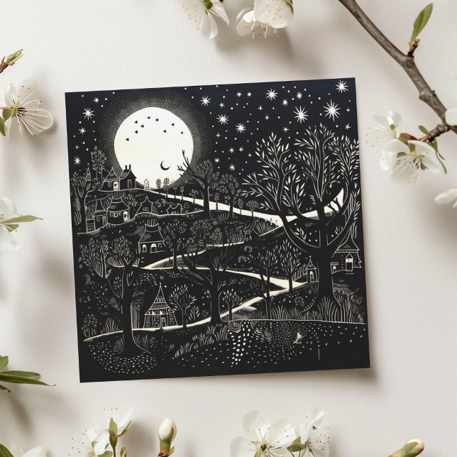 Black White Christmas Night Illustration Abstract Holiday Card (Creator Uploaded)
