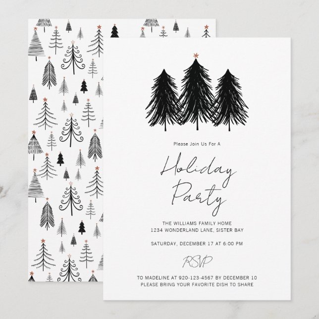 Black White Christmas Pine Trees Holiday Party Invitation (Front/Back)