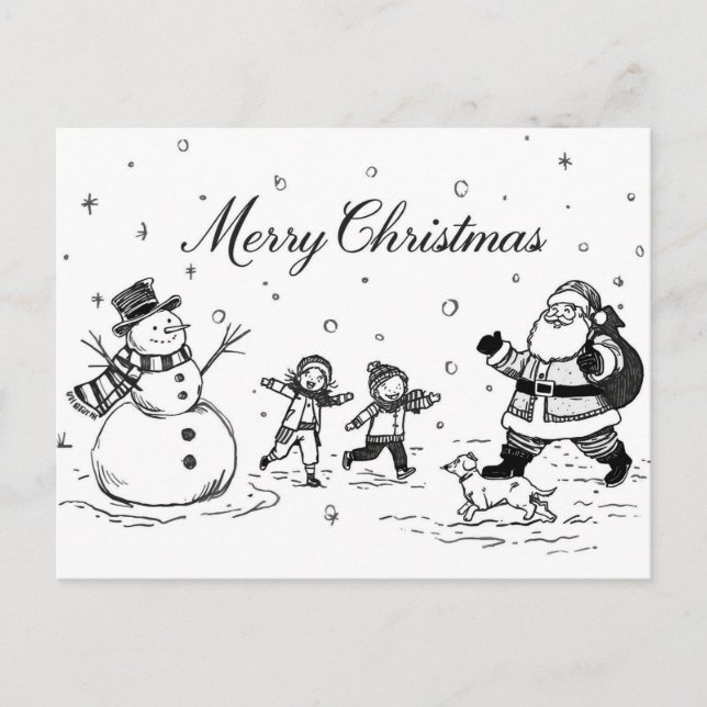 Black & White Christmas Postcard – Snowman, Santa  (Front)
