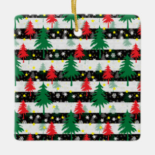 Black White Christmas Snow Stripes Red Green Trees Ceramic Ornament