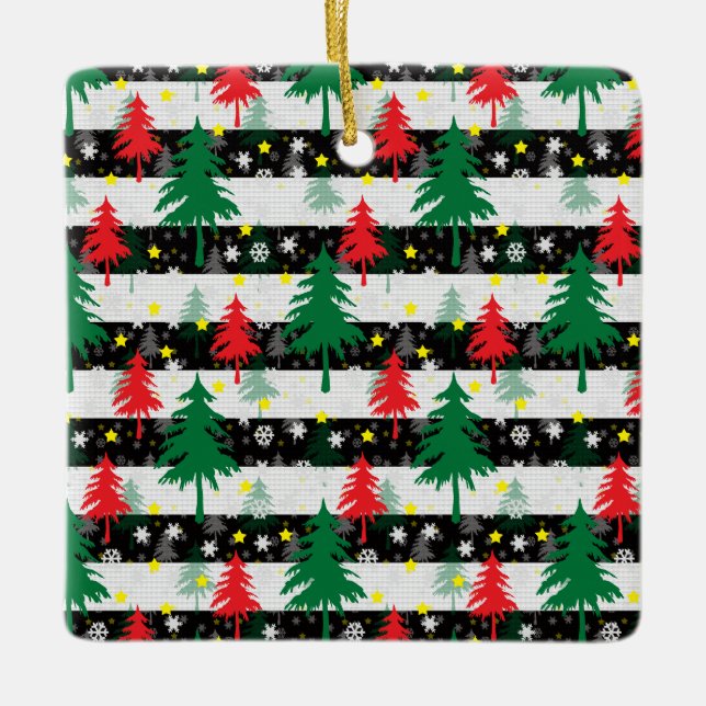 Black White Christmas Snow Stripes Red Green Trees Ceramic Ornament (Front)