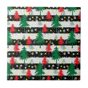 Black White Christmas Snow Stripes Red Green Trees Ceramic Tile