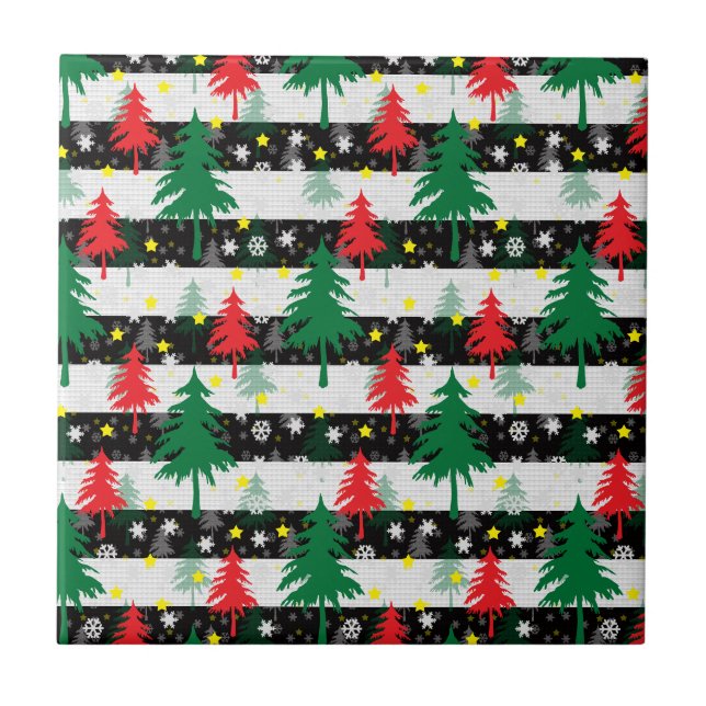 Black White Christmas Snow Stripes Red Green Trees Ceramic Tile (Front)