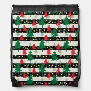 Black White Christmas Snow Stripes Red Green Trees Drawstring Bag