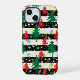 Black White Christmas Snow Stripes Red Green Trees iPhone 15 Case