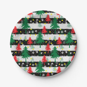 Black White Christmas Snow Stripes Red Green Trees Paper Plate