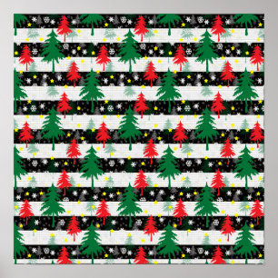 Black White Christmas Snow Stripes Red Green Trees Poster