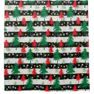 Black White Christmas Snow Stripes Red Green Trees Shower Curtain