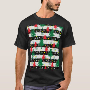 Black White Christmas Snow Stripes Red Green Trees T-Shirt