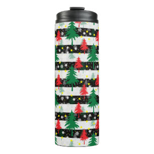 Black White Christmas Snow Stripes Red Green Trees Thermal Tumbler