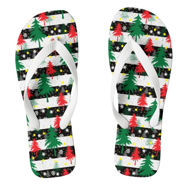 Black White Christmas Snow Stripes Red Green Trees Thongs (Footbed)