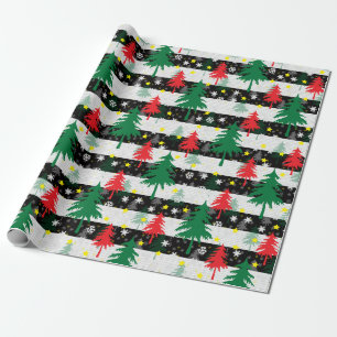 Black White Christmas Snow Stripes Red Green Trees Wrapping Paper