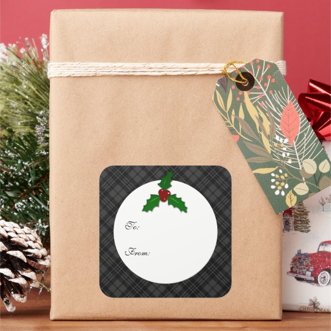 Black white Christmas tartan Holly twig Gift Tag (Holiday)