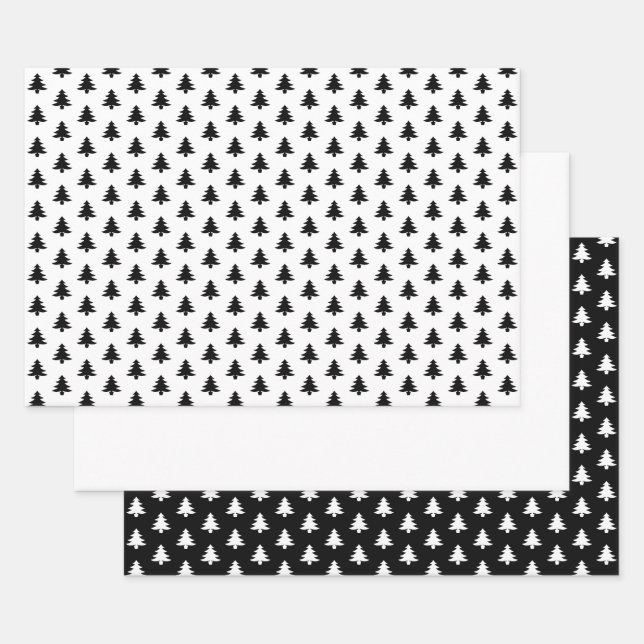 Black/White Christmas Tree Iconic Pattern Wrapping Paper Sheet (Set)