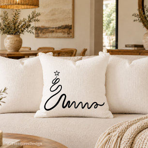 Black White Christmas Tree Line Art Pillow