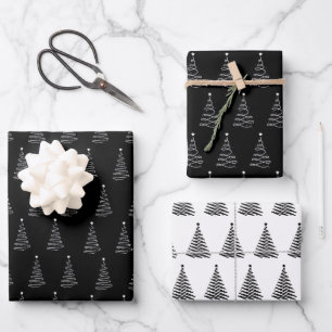 Black White Christmas Tree Pattern Elegant Simple Wrapping Paper Sheet