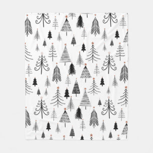 Black White Christmas Tree Pattern Minimalist  Fleece Blanket